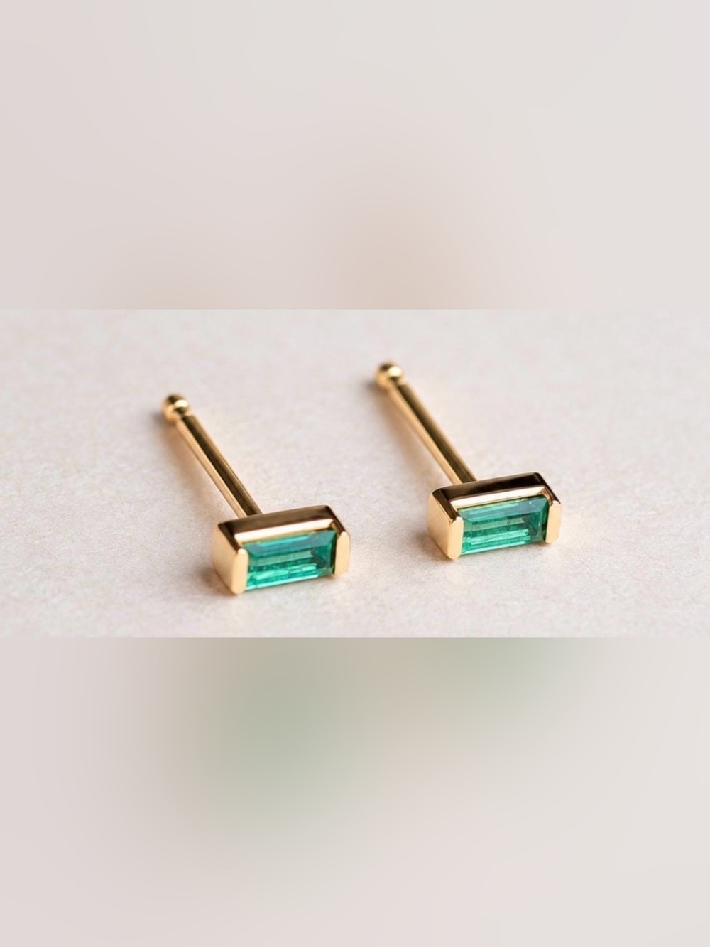 Emerald Baguette Stud Earrings in solid 14K yellow gold